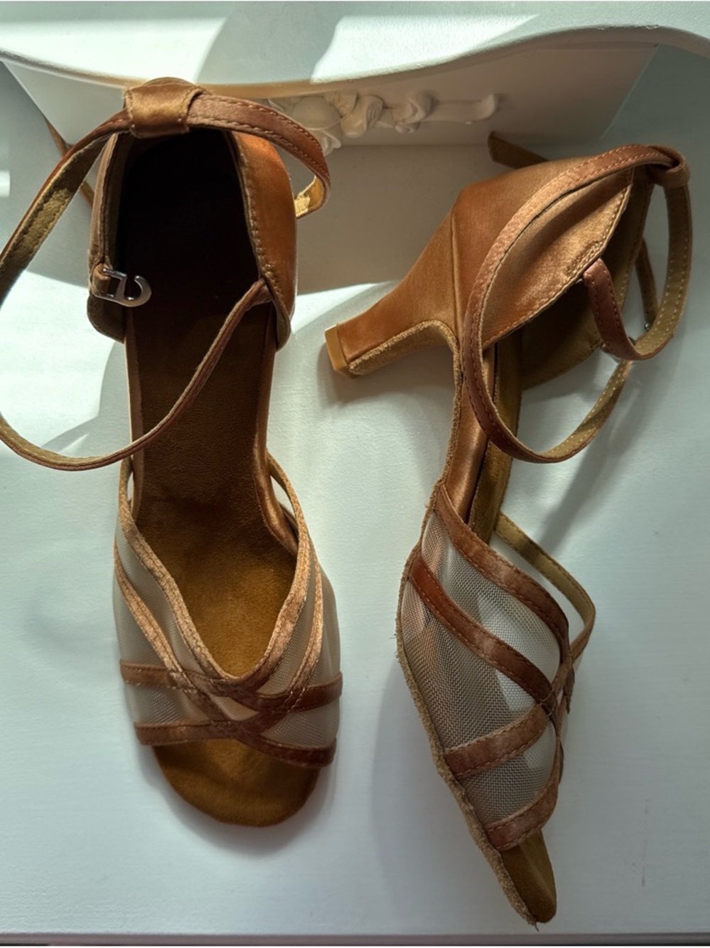 Tan Mesh Strappy Mid-Heel Sandals